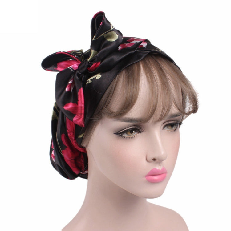 TJM-226 Ladies Satin Print Ribbon Bow Turban Hat Night Cap Silk Chemotherapy Hat Long Tail Braid Hat, Purple, Black, Pink, Royal Blue, Leopard, Big Black Flower, Rose Red Flower, Big Beige Flower, White Black Spots, Red Wine, Khaki, Light Purple       ...