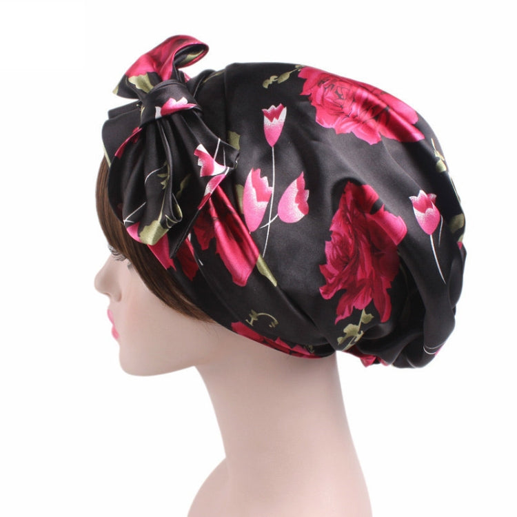 TJM-226 Ladies Satin Print Ribbon Bow Turban Hat Night Cap Silk Chemotherapy Hat Long Tail Braid Hat, Purple, Black, Pink, Royal Blue, Leopard, Big Black Flower, Rose Red Flower, Big Beige Flower, White Black Spots, Red Wine, Khaki, Light Purple       ...