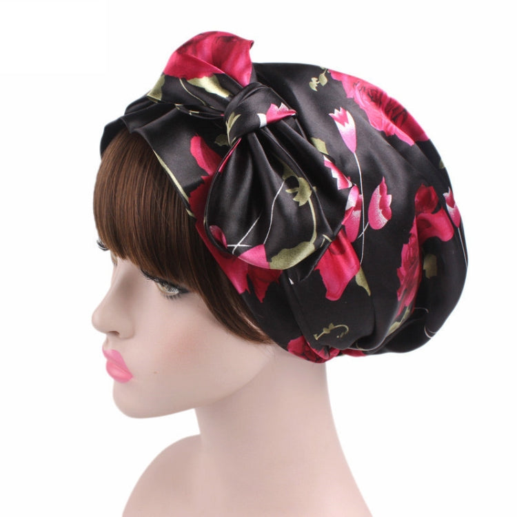 TJM-226 Ladies Satin Print Ribbon Bow Turban Hat Night Cap Silk Chemotherapy Hat Long Tail Braid Hat, Purple, Black, Pink, Royal Blue, Leopard, Big Black Flower, Rose Red Flower, Big Beige Flower, White Black Spots, Red Wine, Khaki, Light Purple       ...