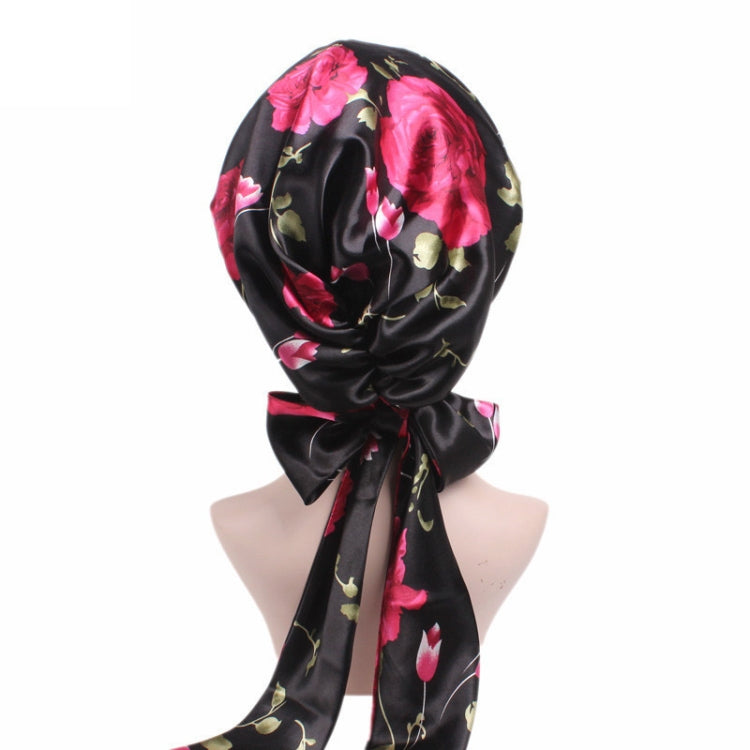TJM-226 Ladies Satin Print Ribbon Bow Turban Hat Night Cap Silk Chemotherapy Hat Long Tail Braid Hat, Purple, Black, Pink, Royal Blue, Leopard, Big Black Flower, Rose Red Flower, Big Beige Flower, White Black Spots, Red Wine, Khaki, Light Purple       ...