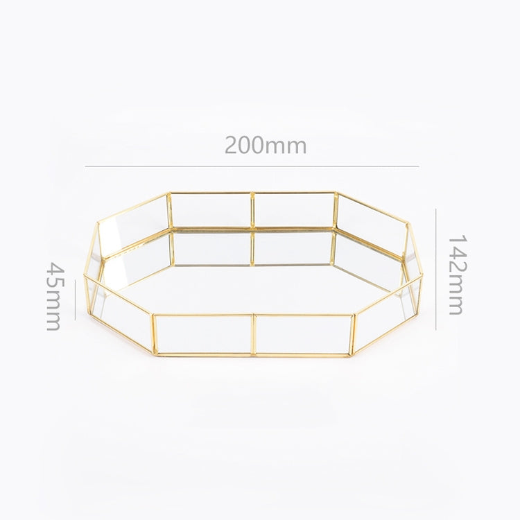 Glass Storage Tray Golden Retro Polygon Mirror Tray Brass Desktop Cosmetics Storage Tray, Polygon Small, Octagonal Plate, Beauty Brush Bucket