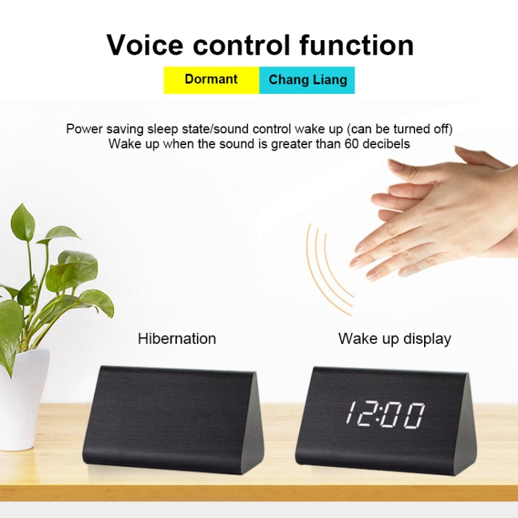 Mute Luminous Electronic Clock Wooden Sound Control Small Triangle Alarm Clock, Brown Wood Red Light, Black Wood Red Light, Black Wood Green Light, Black Wood Blue Light, Black Wood White Light, Wood Color Red Light, Wood Color Green Light             ...