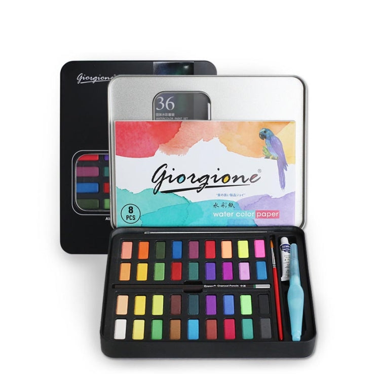 36 Colors Solid Watercolor Paint Children Sketch Watercolor, Black Tin Box, Blue, Pink, Black