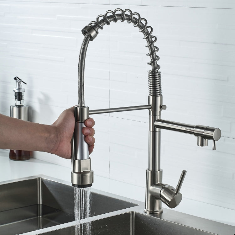 Copper And Nickel Brushed Double Outlet Spring Faucet Rotatable Kitchen Hot And Cold Water Faucet, Brushed Silver
