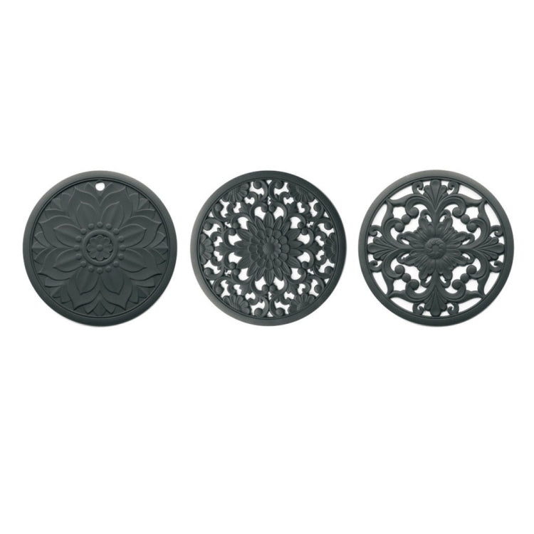 3 in 1 Hollow Flower Silicone Heat Insulation Pad Anti-Scalding Pot Bowl Pad Set, Black, Yellow, Blue, Green, Purple, Gray