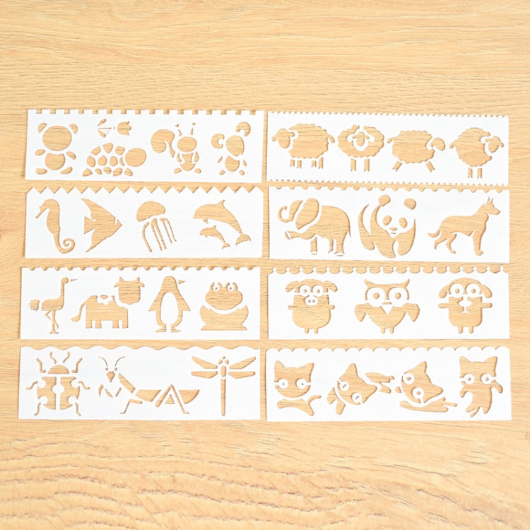 HB-9 Long Series 8 in 1 Drawing Ruler Hand Account Multi-Function Hollow Flower Edge Filling Template, Wave Letters, Cartoon Animals, Flowers, Architecture, Car, Leaves, Weather, Cruise Ship