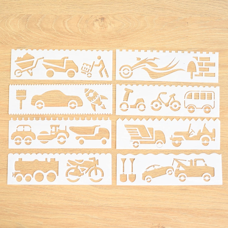 HB-9 Long Series 8 in 1 Drawing Ruler Hand Account Multi-Function Hollow Flower Edge Filling Template, Wave Letters, Cartoon Animals, Flowers, Architecture, Car, Leaves, Weather, Cruise Ship