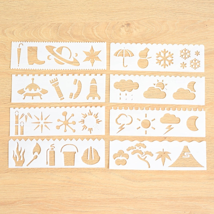 HB-9 Long Series 8 in 1 Drawing Ruler Hand Account Multi-Function Hollow Flower Edge Filling Template, Wave Letters, Cartoon Animals, Flowers, Architecture, Car, Leaves, Weather, Cruise Ship