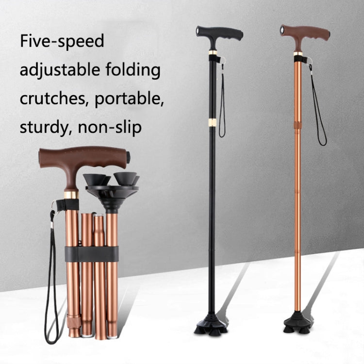 TBS-009 Four-Legged Folding Elderly Crutches Aluminum Alloy Light And Multifunctional Non-Slip Crutches With Light, TBS-009(Black), TBS-009(Brown)