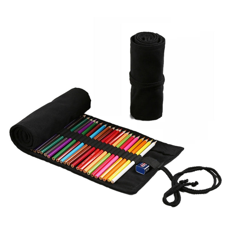 12 Holes Pure Black Handmade Canvas Roll Pen Bag Large Capacity Boy And Girl Sketch Color Pencil Curtain, 12 Holes, 24 Holes, 36  Holes, 48  Holesk, 72 Holes, 108 Holes