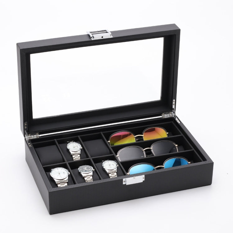 6+3 PU Watch Glasses Case Carbon Fiber PU Skin Watch Box Sunglasses Box, 6 + 3 Brown, 6 + 3 Black