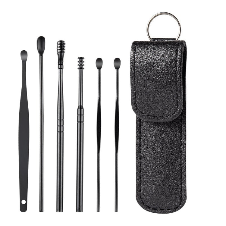 6 In 1 Stainless Steel Spring Spiral Portable Ear Pick, Black Leather Case, Black