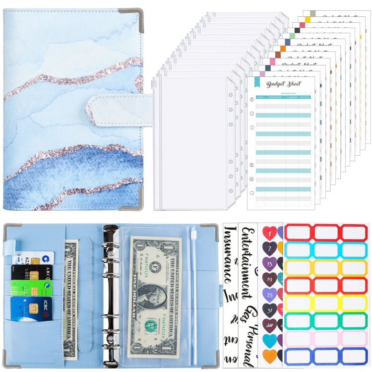 A6 Leather Loose-leaf Budget Book Handbook Notepad, Pink, Ink Green, Purple, Blue Gray, Water Blue, Cyan Greene, Deep Blue, Watercolor Blue, Marbled-Pink, Marbled-Blue, Marbled White