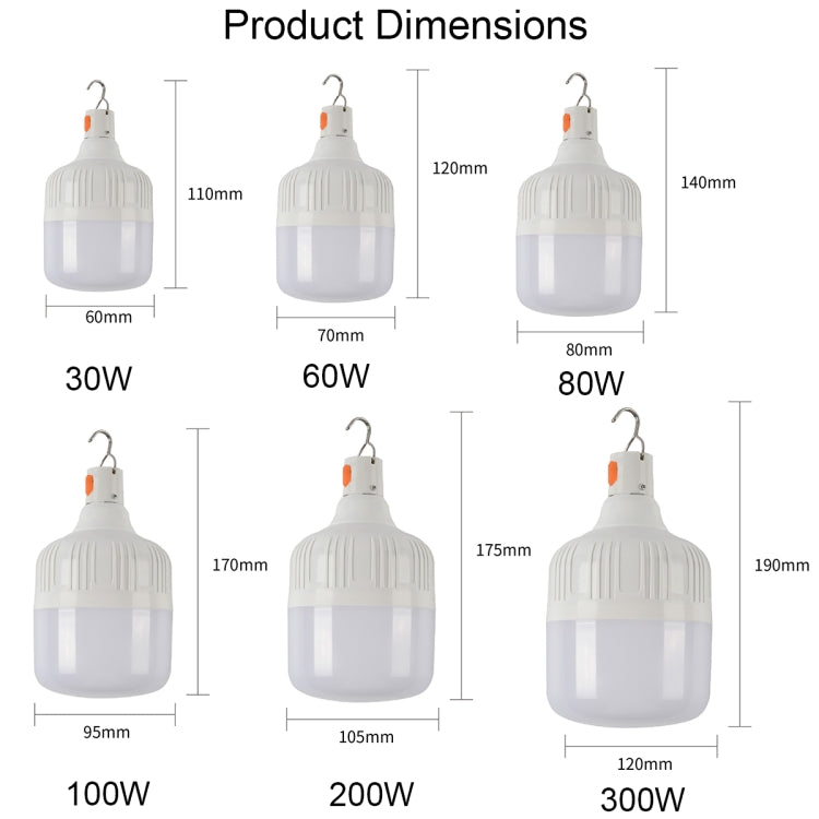 AB26 USB Charging LED Bulb Night Market Stall Lights Outdoor Camping Hanging Lamp, Power:, 30W (White), 60W (White), 80W (White), 100W (White), 200W (White), 300W (White), 80W (Orange), 100W (Orange), 200W (Orange), 300W (Orange)