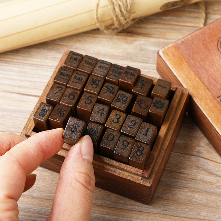 E13 28PCS/Set Vintage Wooden Alphabet and Number Diary Handbook DIY Stamps, Regular Capital, Regular Lowercase, Cursive Capital, Cursive Lowercase, Digital Weather
