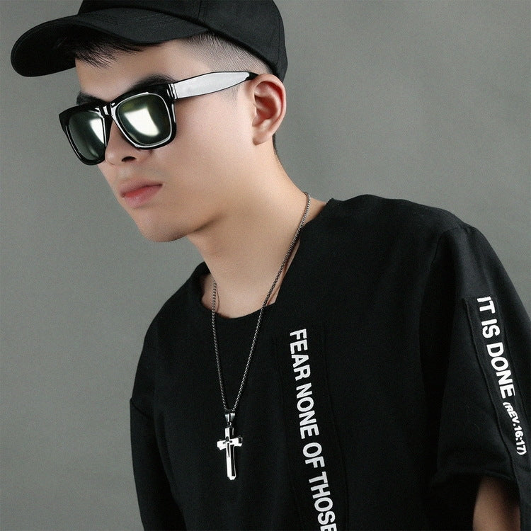 1213 Three Layer Cross Necklace Titanium Steel Men Necklace, Steel Color Pendant+3x55cm Pearl Chain, Black Pendant+3x55cm Pearl Chain, Gold Pendant+3x55cm Pearl Chain