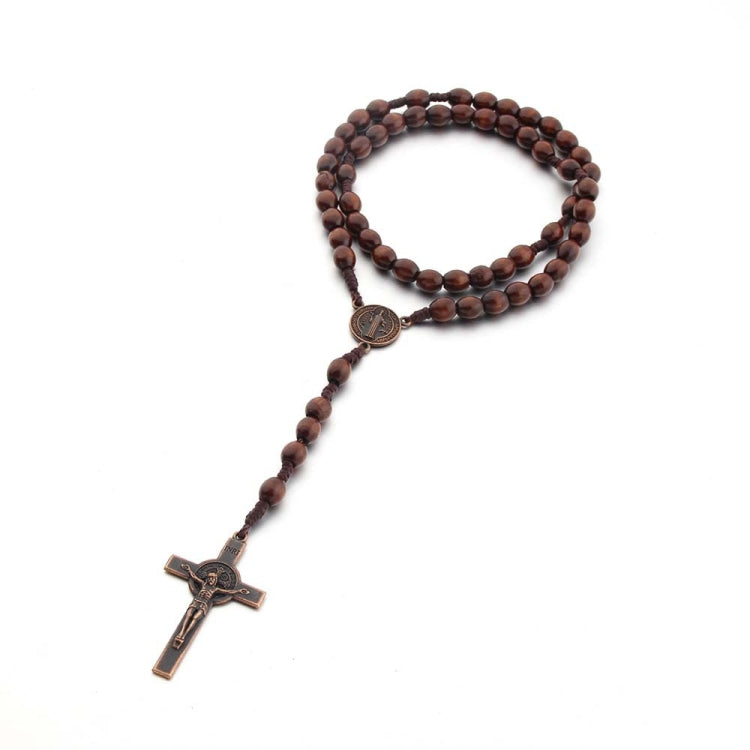Wooden Beads Handmade Wire Vintage Cross Necklace, Dark Coffee