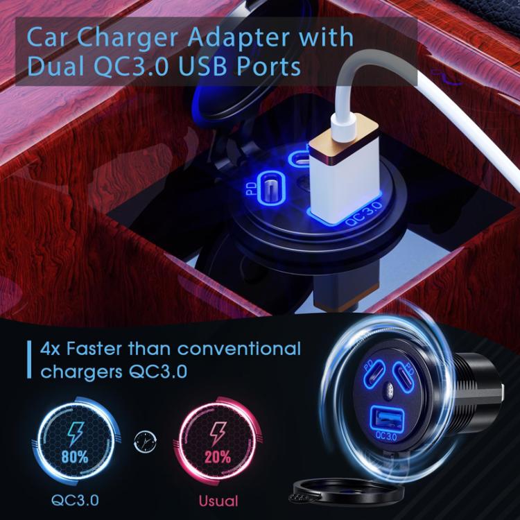 Kewig P22A 12-24V Vehicle Motorcycle Boat Modified Dual PD+QC3.0 3-Port Car Charger With Switch, With Terminal