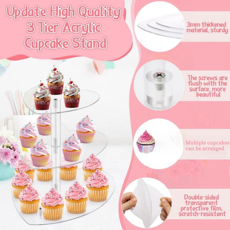 Acrylic Three-Tier Heart-Shaped Wedding Birthday Cupcake Stand, YX153
