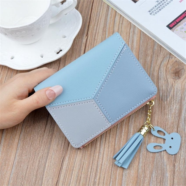 Short Leather Women Zipper Purse Panelled Wallets Trendy Coin Purse, Leather Pink, Leather Blue, Leather Black