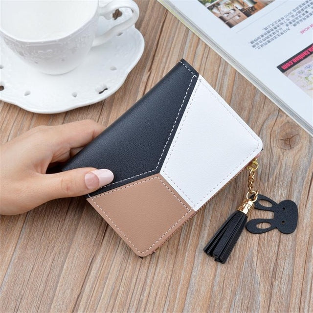 Short Leather Women Zipper Purse Panelled Wallets Trendy Coin Purse, Leather Pink, Leather Blue, Leather Black