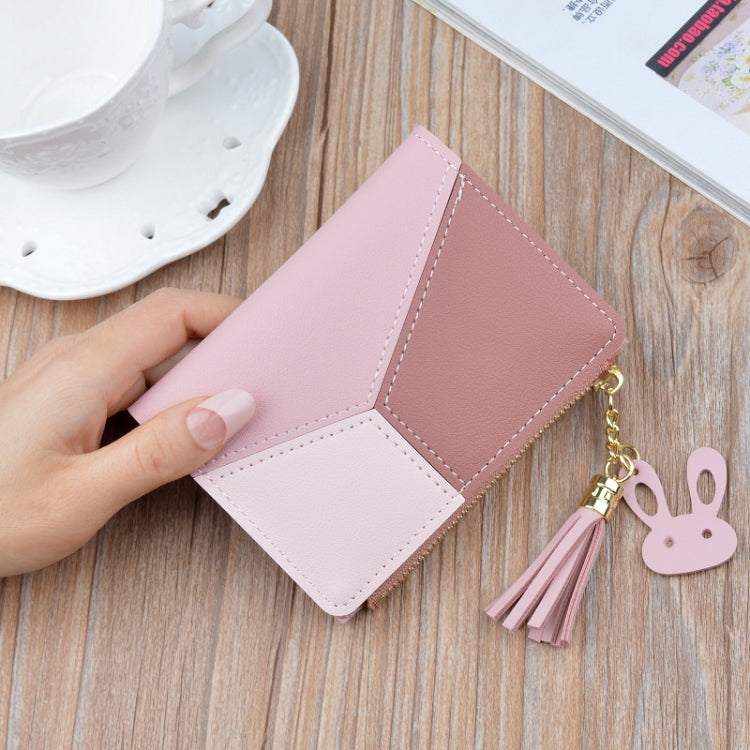 Short Leather Women Zipper Purse Panelled Wallets Trendy Coin Purse, Leather Pink, Leather Blue, Leather Black