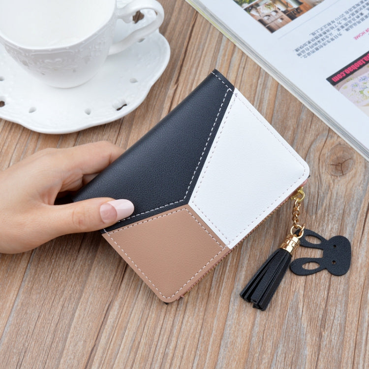 Short Leather Women Zipper Purse Panelled Wallets Trendy Coin Purse, Leather Pink, Leather Blue, Leather Black
