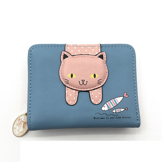 Women Cute Cat Wallet Small Zipper Wallet PU Leather Coin Purse Card Holder, Cat Black, Cat Blue, Cat Green, Cat Pink, Cat Rose Red