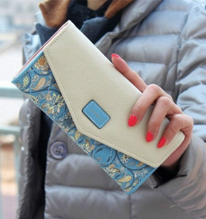 Long Leather Floral Pattern Wallets Coin Purses Money Bag for Women