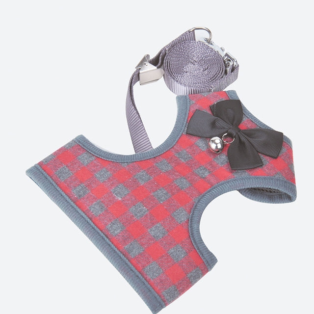 Adjustable Bow Plaid Vest Lead Pull Rope Leash for Cat Dog Pet, Red, Blue, Gray, Pink, Yellow