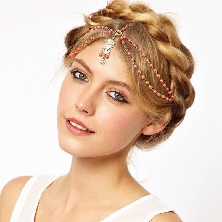 Hair Decoration Hair Band Head Dress Headbands Fashion Indian Boho Beaded Head Piece Women Head Chain Hair Jewelry, white, red