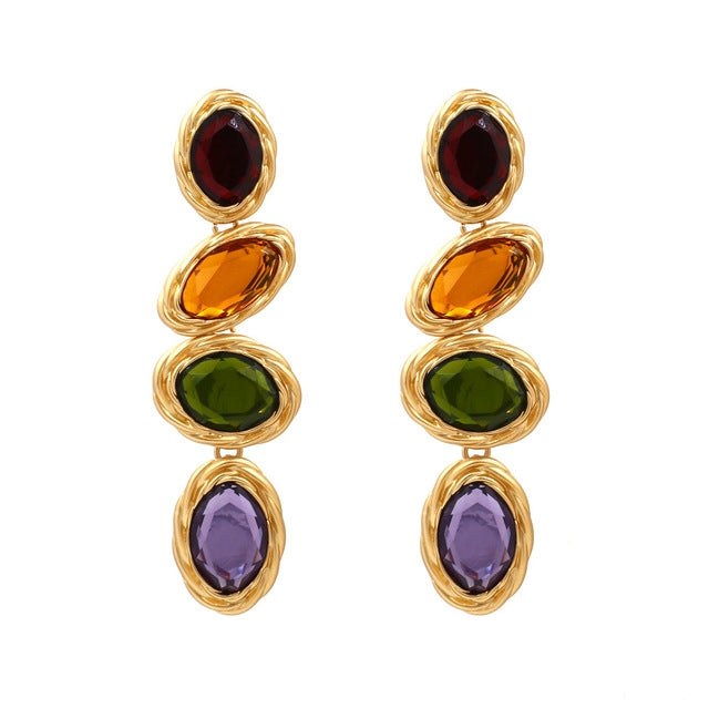 Retro Metal Color Geometry Glass Diamond Earrings Jewelry