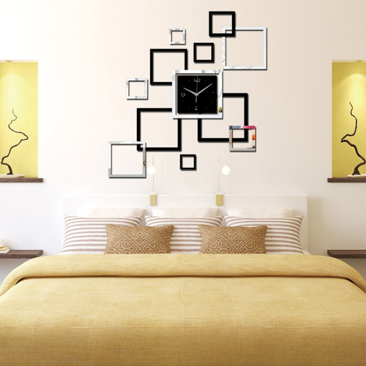 Living Room Wall Clock Creative Clock Acrylic DIY Mirror Wall Stickers Decorative Black Silver Square DIY Clock, Acrylic DIY Mirror Wall Clock